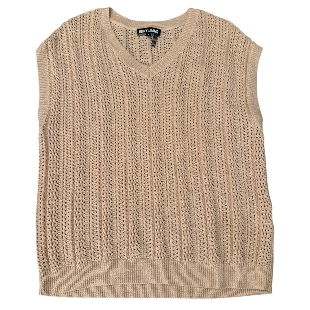 DKNY Jeans‎ Beige Knit V Neck Sweater Vest XL Sparkle Metallic Preppy Retro 80's